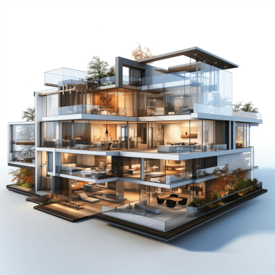 A highly detailed and realistic render of modern luxury house with glass facade, cutaway showing multiple floors with different rooms inside each floor, white background, ultrarealistic, cinematic, high resolution photography