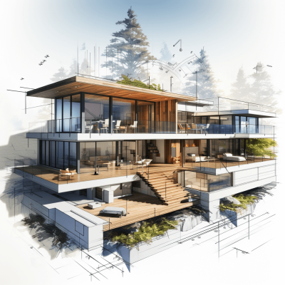 A modern house in the mountains, three floors with wooden accents and glass windows, sketched in the style of architectural blueprints for interior design, with a high resolution rendering showing detailed architecture and landscape, a perspective view of all sides, forest trees and sky background, interior furniture visible on the second floor terrace.