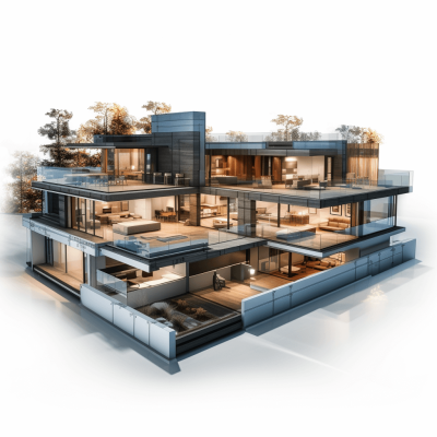 Ultra realistic rendering of an elegant modern mansion cutaway showing the different floors, white background, ray tracing, hyper detailed, hyperrealistic