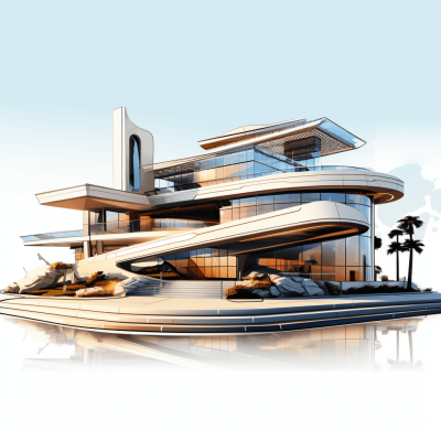 A digital rendering of an elegant yacht house with curved architecture, featuring elements like angular roofs and stylish infinity pools. The design includes a sunken living room on the first floor, and is set against a white background with reflections in the water. It's a high-quality illustration showcasing luxury urban development, with detailed architectural details and a modern aesthetic.