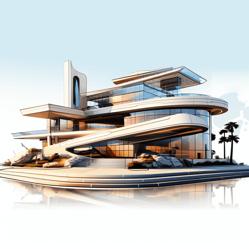 A digital rendering of an elegant yacht house with curved architecture, featuring elements like angular roofs and stylish infinity pools. The design includes a sunken living room on the first floor, and is set against a white background with reflections in the water. It’s a high-quality illustration showcasing luxury urban development, with detailed architectural details and a modern aesthetic.