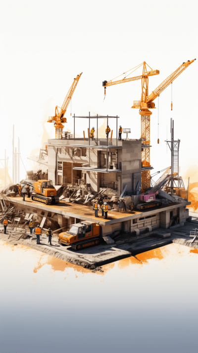 A realistic illustration of a construction site with cranes, workers and a building under setup in the background against a white background with a bright orange color theme and minimalistic design. The illustration is high resolution with professional photography, full HD and sharp details. It is a high quality digital art piece in the style of hyper realism with a digital painting illustration.