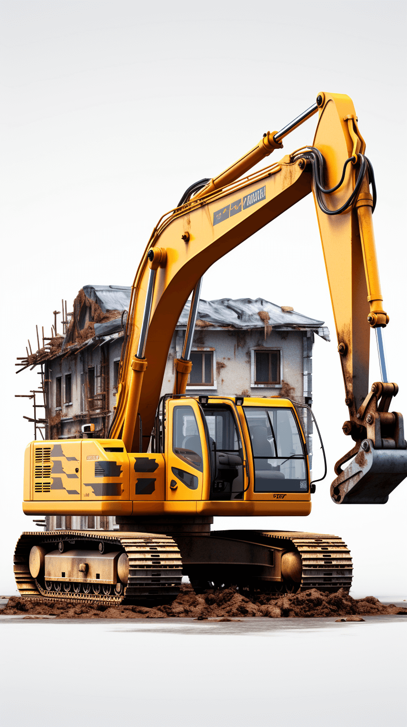 A large yellow excavator is playing with an old house, white background, high resolution photography, high quality photo realistic rendering, white and black background, bright scene, full body shot, high detail, hyperrealistic, high definition, super wide angle, sharp focus,