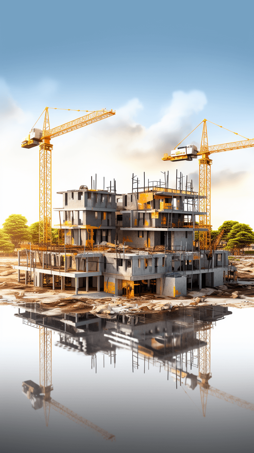 A building under construction with cranes and workers, with the reflection of another house in water next to it, rendered in realistic 3D style, with light sky background, yellow tone, high angle view, high resolution, high detail, sharp focus, high quality.