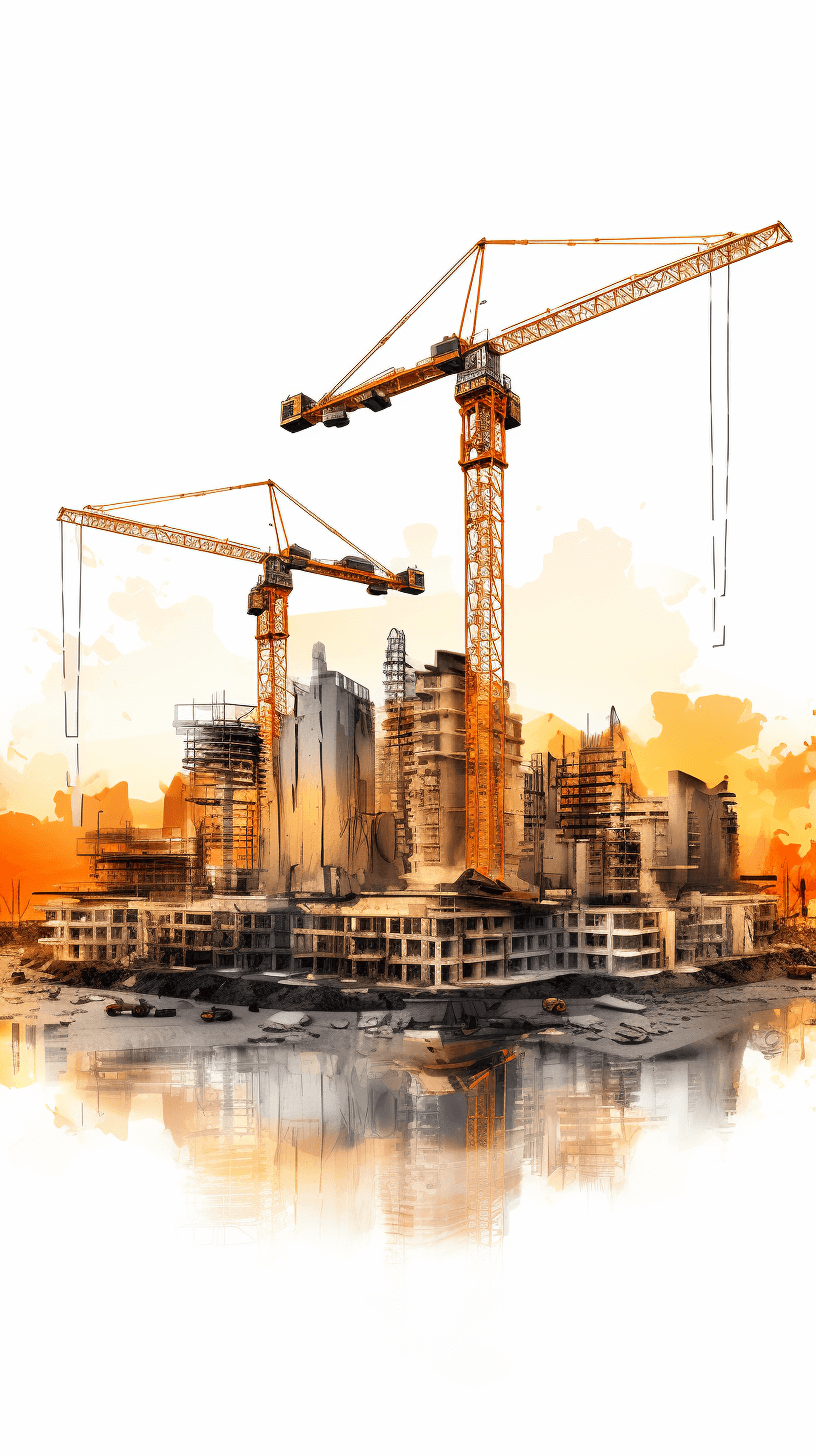 Illustration of a construction site with cranes and a building, on a white background, with an orange color theme, in the watercolor style, with high detail, in the style of HDR, with self shadowing, from a unique angle