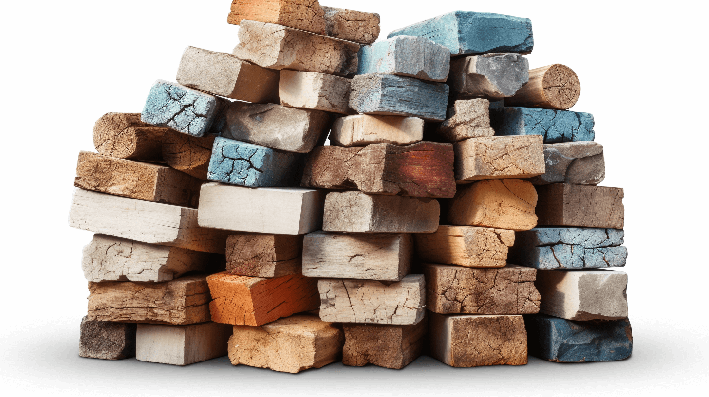 A pile of wood blocks on a white background with a blue and brown color palette in the style of photo realistic, high resolution photography.