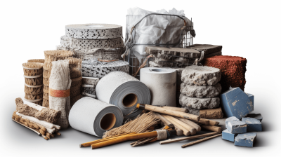 A pile of various building materials, such as rolls and boxes with cement tape, large rocks, wooden sticks, brushes, white background, were photographed with high resolution photography in the style of a product shot. The photo had professional color grading with soft shadows and no contrast, maintaining a clean sharp focus.