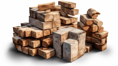 A pile of wooden blocks and concrete slabs on a white background, rendered in the style of 3D illustration, with high resolution photography.