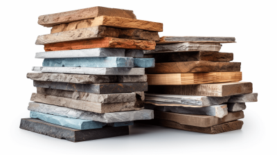 Stacks of different types and sizes of wood, concrete, stone isolated on white background with clipping path