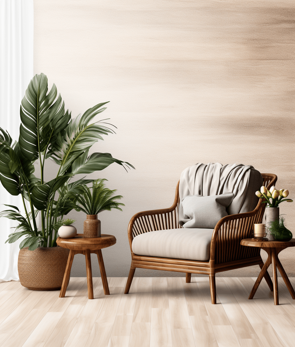 Rattan armchair in the interior, wooden side tables with green plants on them, beige wall background, wooden floor, in the style of a mockup, 3d rendering, hd, high resolution, 20k, sharp focus, studio photo, soft light