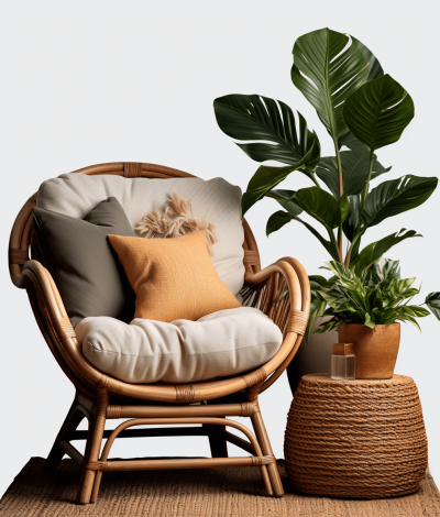 An rattan armchair with cushions, next to it is a low round table and large monstera plant in the style of naturalistic poses, white background, cottagecore, earthy color palettes, mockup, high resolution, high detail, photorealism, in the style of hyper realism, professional photography, in the style of hyper realistic, in the style of hyper detailed