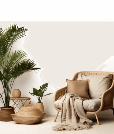 Beige wall background with boho style interior, wicker armchair and plants on the floor, white space for text or product display