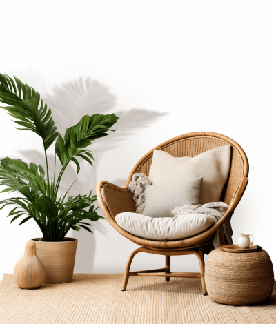 An ultrarealistic photograph of an interior design concept for a cozy armchair in a boho style, with natural materials and plants on a white background. The scene includes a large wicker chair, soft cushions, a small potted plant, a wooden side table with decor items, and warm lighting to create an inviting atmosphere. Use natural colors like beige or light wood tones, and add some texture through textured fabrics or rope baskets.