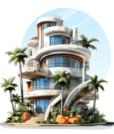 Illustration of an Art Deco style house with a spiral staircase on a white background, surrounded by palm trees and orange rocks. The illustration is in the style of a high resolution, hyper realistic, and super detailed artwork.