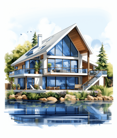 A beautiful modern house with large windows on the shore of Lake Oni, on a white background, in the watercolor style of Michael Rokah and in the style of [Artgerm](https://goo.gl/search?artist%20Artgerm), hyper realistic, airbrushing, high resolution vector illustration.