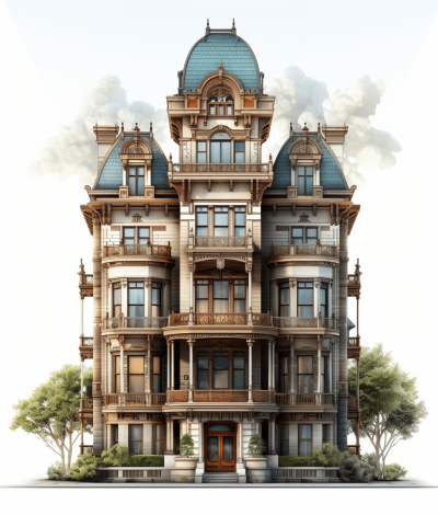 A detailed illustration of an old Victorian mansion in the style of [Atey Ghailan](https://goo.gl/search?artist%20Atey%20Ghailan) and Tomboogbaosbop boorwood, clipart style, isolated on a white background with margins, using neutral soft colors in a hyper realistic, super resolution style.