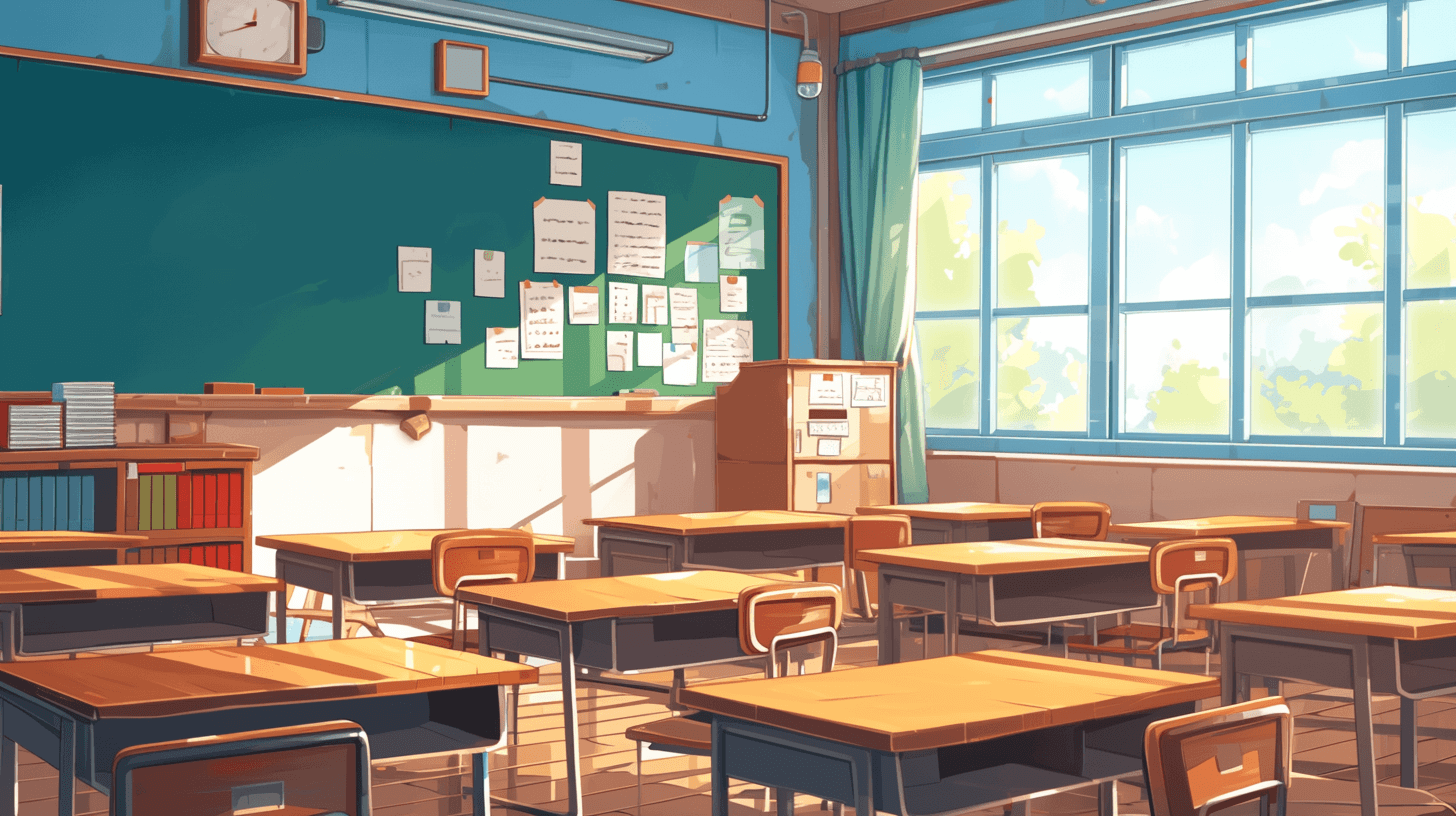 High school classroom background, anime style, cartoon illustration, flat design, simple shapes, colorful, detailed, clean lines, high resolution, no shadows on the wall, classroom full of desks and blackboards with notes written, bright blue walls, green windows, sunlight streaming through the window, wooden desk chairs, in the style of anime.