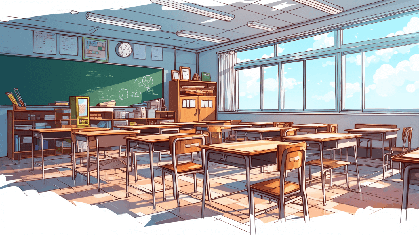 High school classroom illustrated in the style of anime, high resolution illustration without background details, cartoon style with flat bright colors, sunlight shining in from the window, wooden desks and chairs with brown frames, green blackboard, white ceiling, light blue walls, large windows on one side of the room letting light come through the glass. There is an open section at each desk for students to place their books or bags. The front wall has several photos of other students’ work displayed.