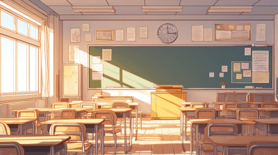 A high school classroom with a chalkboard on the wall containing some papers and post-it notes, desks, chairs and light coming in from the window. Warm lighting and depicted in the style of an anime with a simple, clean lined, flat colored, high resolution, high quality, high detail digital art vector illustration and digital painting. High contrast and sharpness with no blur, gradient shading, or grainy textures.