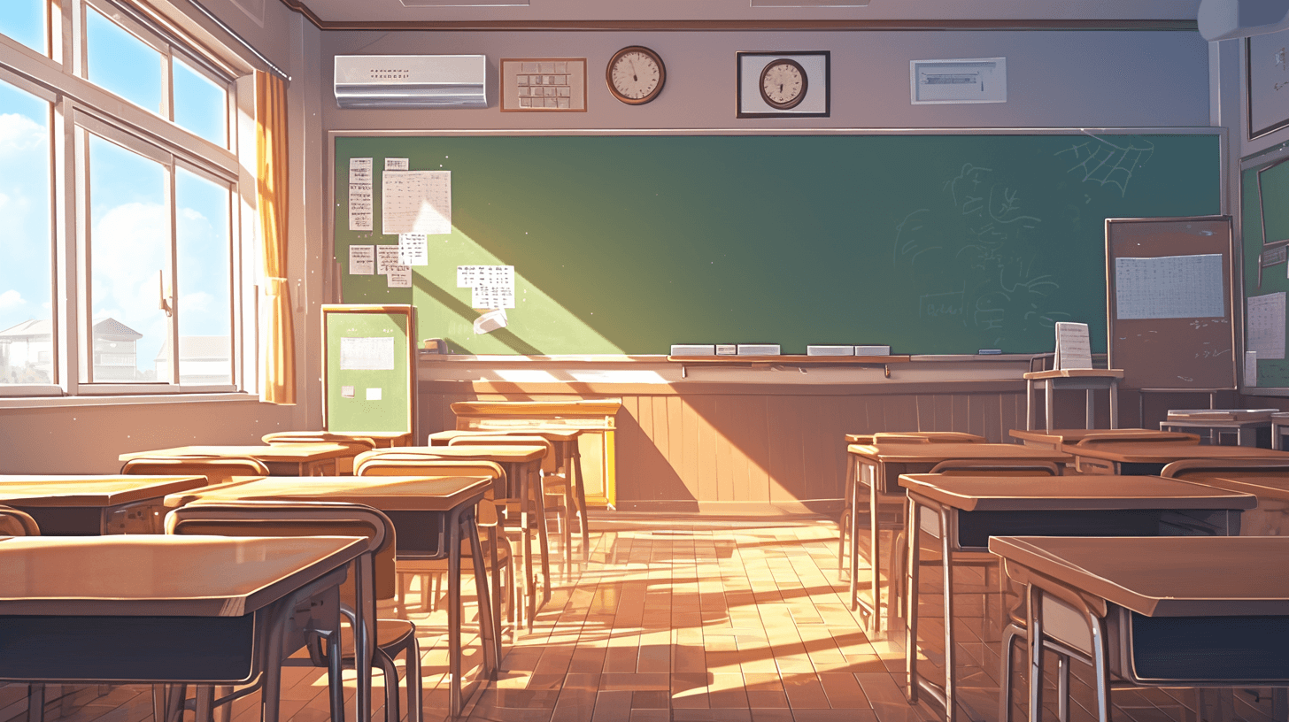 A cute anime style illustration of an empty school classroom with a green chalkboard, golden hour lighting, sunlight coming through the windows, warm tones, wooden desks and chairs. The illustration is in the style of anime.