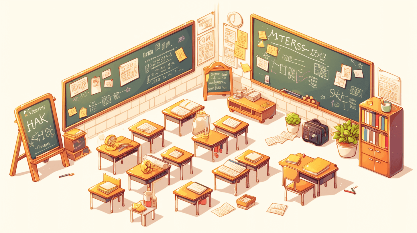 The classroom with blackboards, desks and school supplies depicted in an isometric view. The vector illustration is done in a warm color palette with high resolution, sharp details and no unnecessary background elements. The style captures hyper realistic details similar to works done in the style of hyper detailed artists.