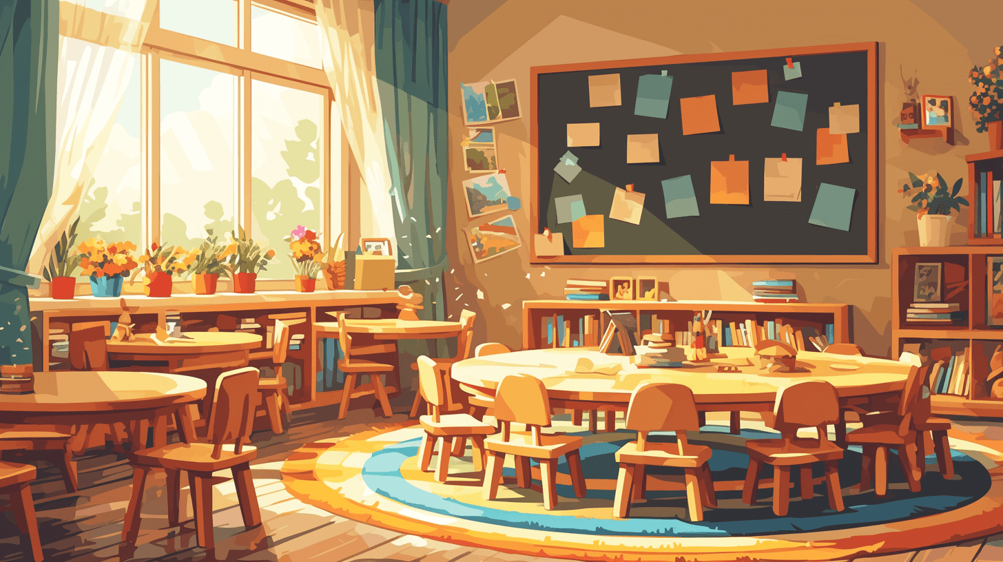 Illustration of an elementary school classroom with a warm and inviting atmosphere in the cartoon style with flat colors. A large chalkboard on the wall with colorful post-it notes. Round tables for each student with wooden chairs around every table. Windows in the background showing sunlight pouring through curtains. Cozy reading nooks filled with books and flowers creating a cheerful mood.