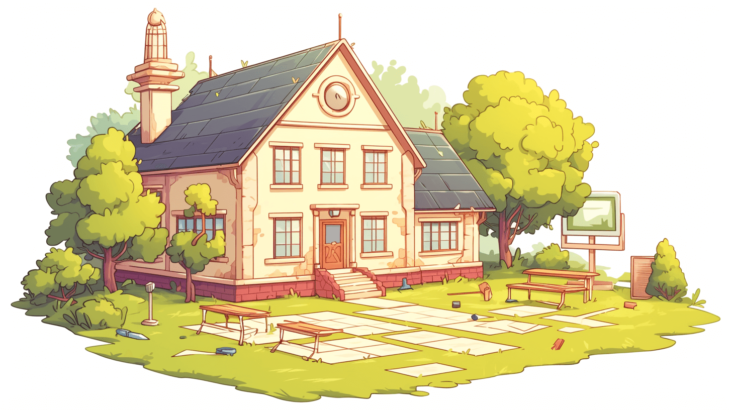 school building in the style of vector cartoon illustration, game art design , white background, 2d flat design, cute storybook illustrations, full body, digital painting and drawing style, high resolution