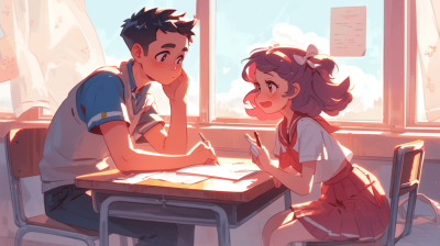 A boy and girl sitting at their desks. The man is wearing an apron with blue short sleeves and white pants in the style of anime, he has dark hair and wears glasses, while his female friend has curly brown hair tied back into pigtails and wears a red skirt attire. They both sit writing on paper together, they smile as sunlight shines through windows. Cartoon or anime illustration with pastel colors in a cute art style at a high resolution.