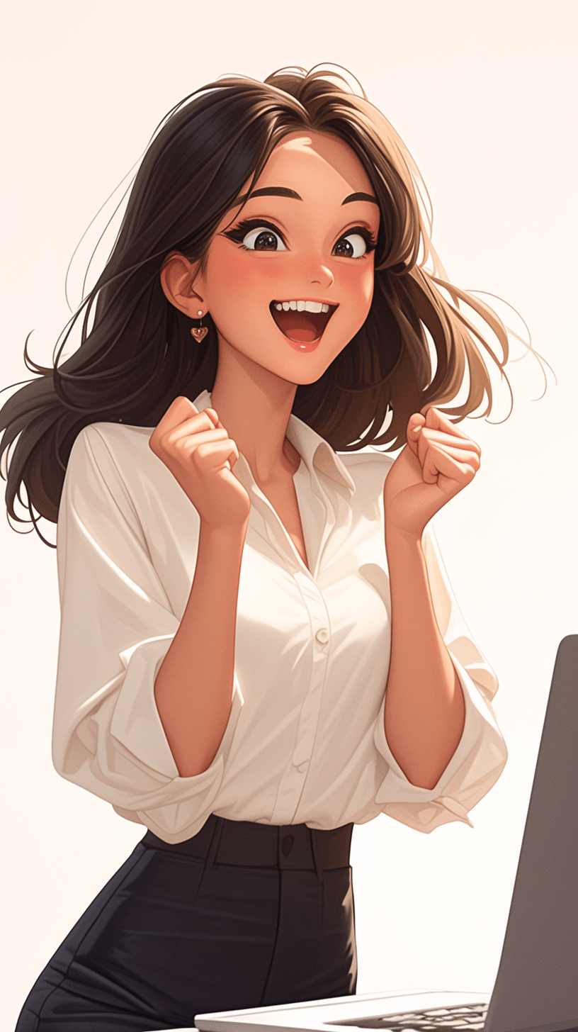 beautiful girl in a white blouse and black skirt, an excited expression on her face as she turns to look at the screen of her laptop, white background, cartoon style, Disney Pixar character design, digital art in the style of [Artgerm](https://goo.gl/search?artist%20Artgerm), trending pixiv fanbox with studio lighting, cel shading