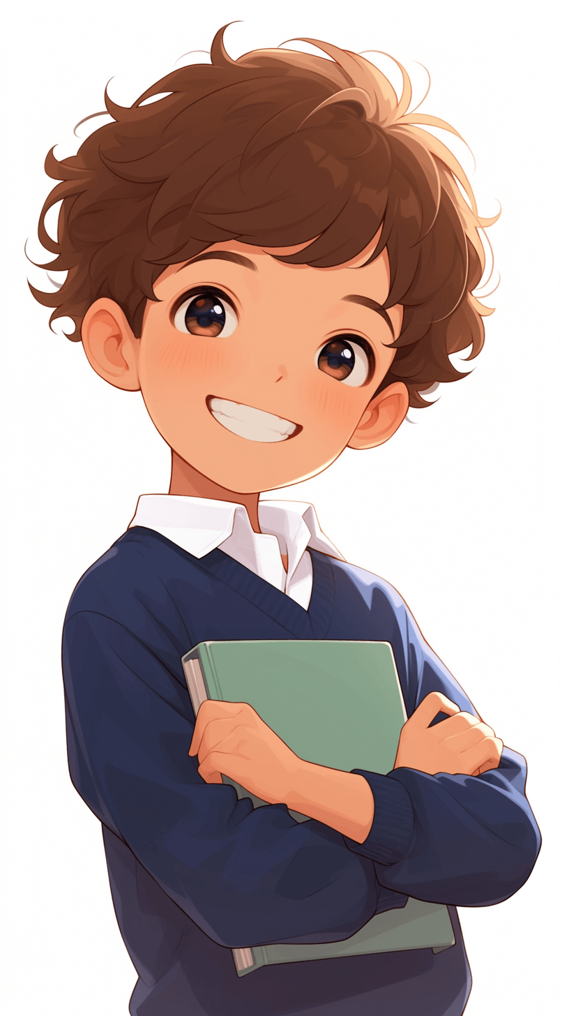 A cute boy with short hair, smiling and holding books in his hands. He is wearing a navy blue school uniform with white collars and sleeves. The background color should be pure white to highlight the character’s features. In the style of Japanese anime, he has brown eyes and medium-length dark brown curly hair. His expression shows confidence as if ready for adventure. The style is reminiscent of [Studio Ghibli](https://goo.gl/search?artist%20Studio%20Ghibli).