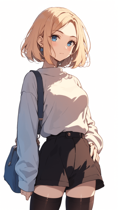 A girl with short blonde hair and blue eyes, wearing black shorts and a white background, in the style of anime, reminiscent of Japanese manga, as a full body portrait, with soft light and simple  with long sleeves.