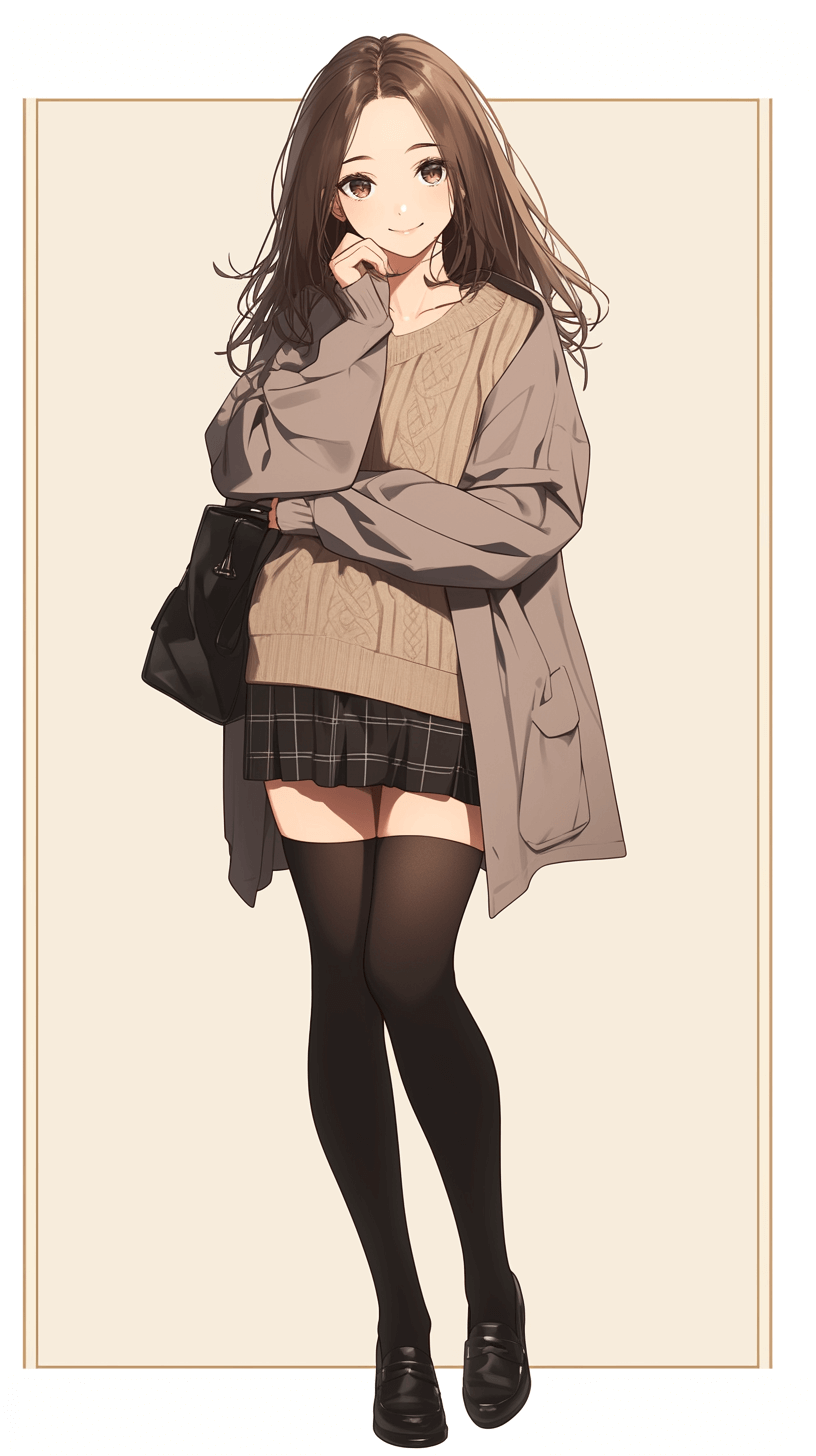 A cute girl wearing an oversized sweater, black tights and skirt with high heels is posing for the camera in the style of anime. She has long brown hair that falls over her shoulders and she wears makeup to enhance her features. The background of this portrait should be a light beige color and have a large white border around it. A full body front view.