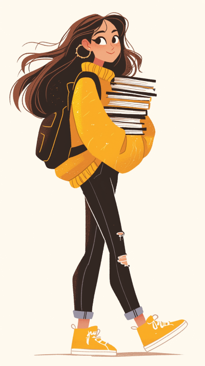 A girl is carrying books on her back, wearing yellow shoes and black jeans. She has long brown hair tied in an ponytail with bangs. The illustration style should be flat vector with bright colors.