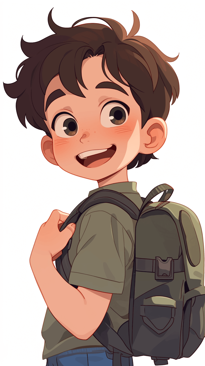 A cute boy with brown hair, smiling and wearing green short sleeves carrying his schoolbag on the left side of his body, depicted in the style of an anime illustration. The background is white, and he has no beard or mustache. He holds onto one corner of his backpack while looking towards me from behind him. His eyes have large black pupils, giving off an adorable impression.