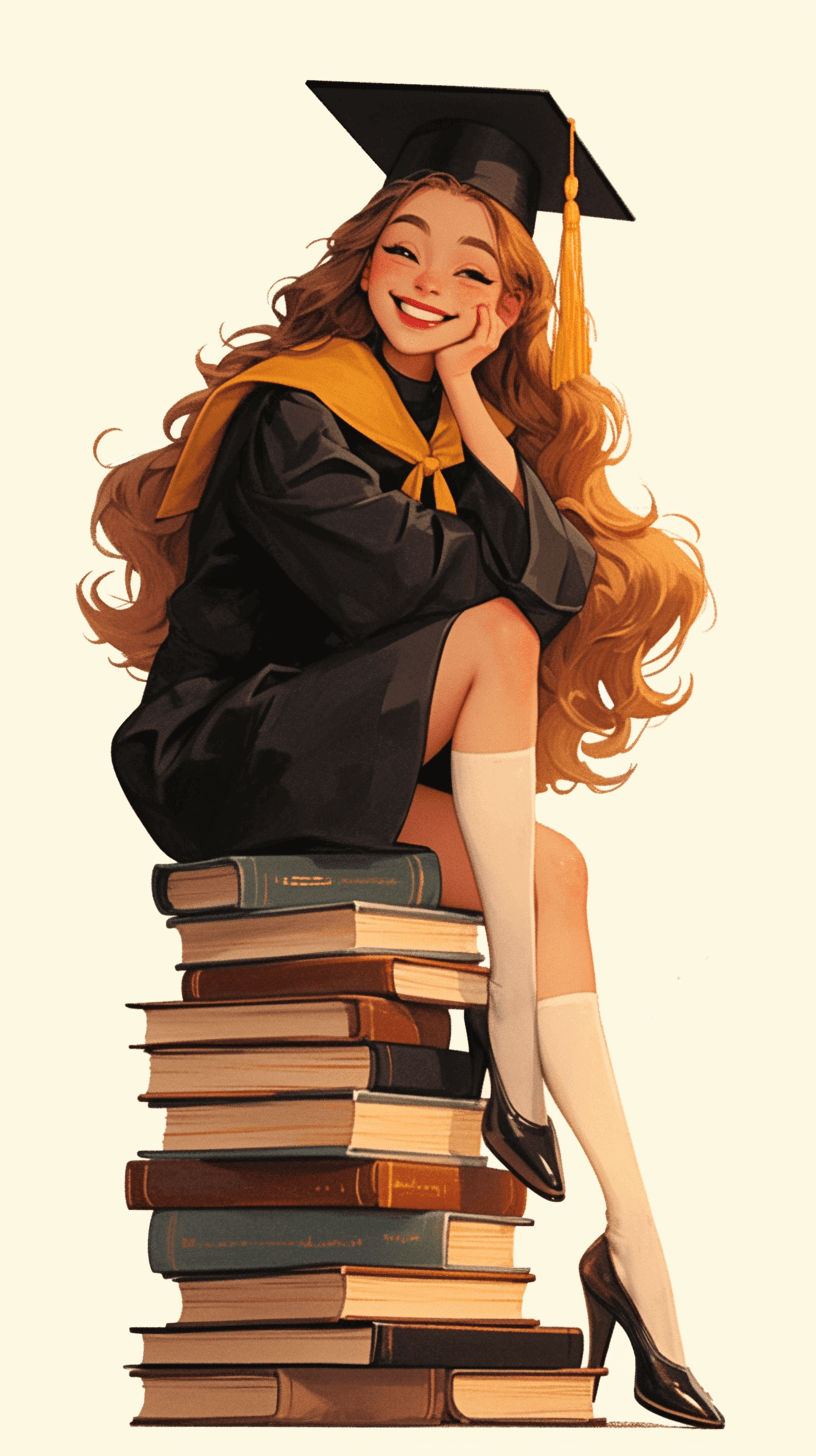 A beautiful girl wearing a black graduation cap and gown, with long wavy hair in a ponytail and bangs sitting on top of a stack of books while holding one book to her face smiling softly as she looks down at the pile, white socks and high heels on her feet, in the style of [Artgerm](https://goo.gl/search?artist%20Artgerm) and [Mandy Jurgens](https://goo.gl/search?artist%20Mandy%20Jurgens).