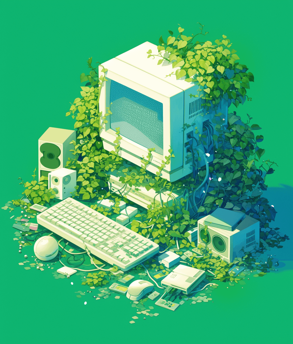 An isometric illustration of an old computer with plants growing out from it, on the ground there are tech equipment and broken pieces scattered around, the background color should be green. The illustration is in the style of surrealism.