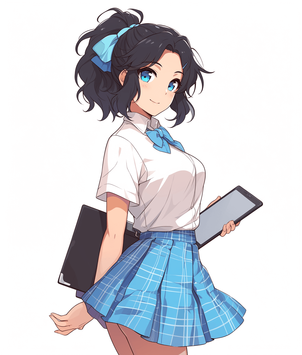 A high school girl with blue eyes and black hair in a ponytail style, wearing a white shirt and plaid skirt holding a laptop, in an anime cartoon character design.