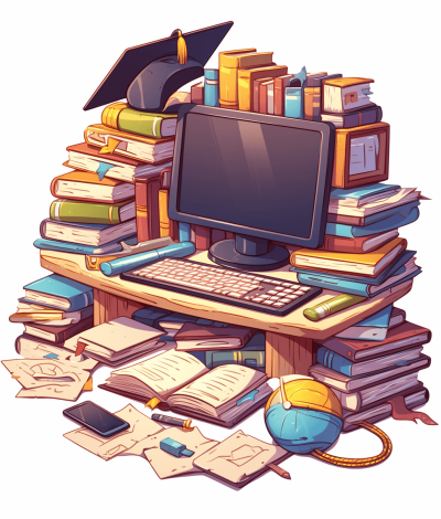 A computer desk is covered with books, graduation caps and other educational items. Vectorized illustration in the style of cartoon on a white background.