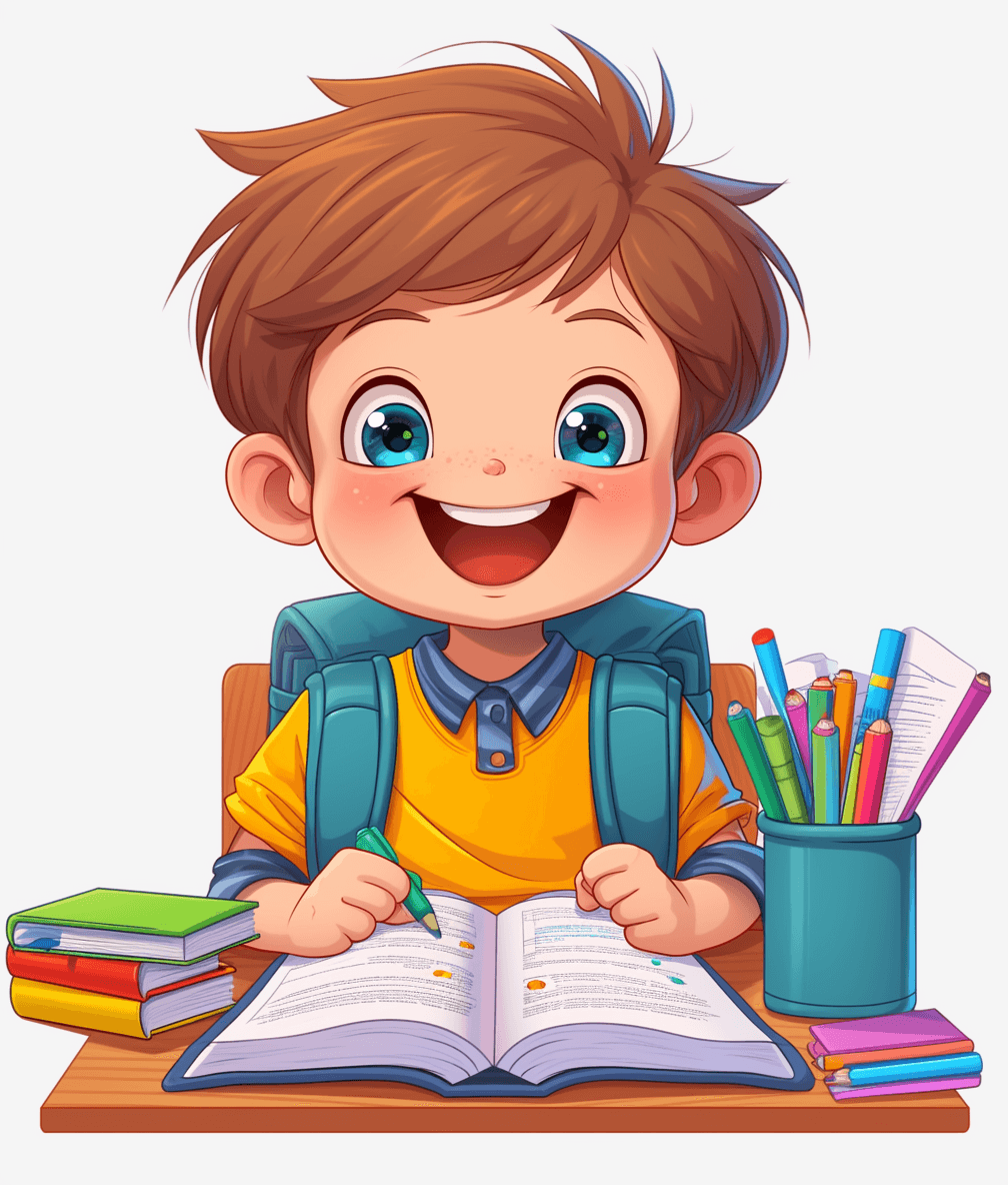 A cute cartoon boy is sitting at his desk, smiling and writing in an open notebook with colored pencils on the table. The child has short brown hair and blue eyes wearing yellow shirt white backpack . There’s also some books nearby. Vector Illustration on transparent background. No Shadow. Use only vibrant colors no black shading or gradient