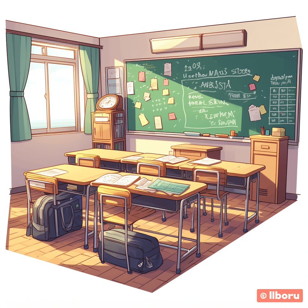 A classroom with desks and chairs, the blackboard is written “ilib самостояquel” in the style of anime. The illustration is in a cartoon, vector art, flat design style with warm colors and a simple background. It has a cute style with books on tables and backpacks on the floor. The wooden furniture and light from windows provide natural lighting. It is a detailed, colorful illustration with high resolution, detail, quality, sharpness, contrast, vibrance, saturation, color depth and definition.