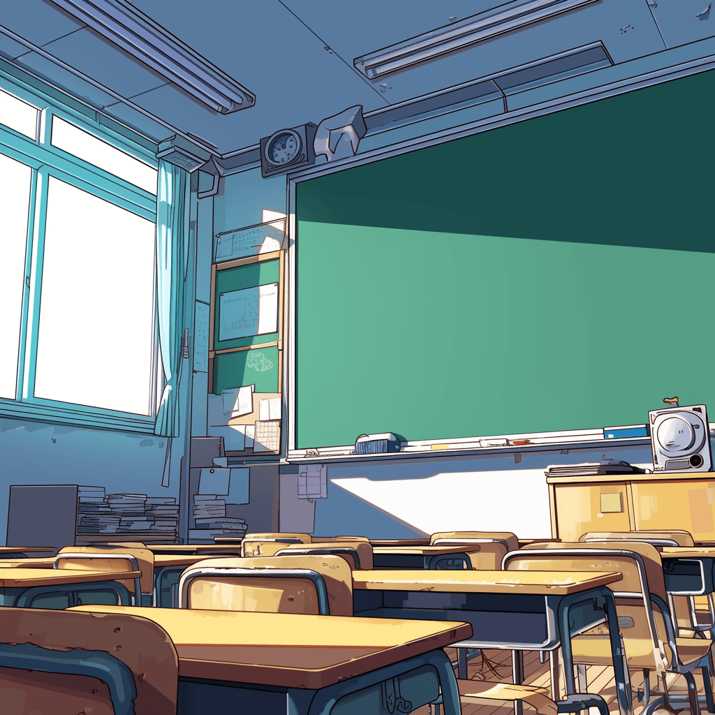 The background of the classroom wall is an empty green blackboard, in the cartoon style, in the style of Japanese anime. There should be desks and chairs in front of it. The camera angle can capture closeup shots or landscapes of the teacher’s desk. It gives people feelings like being inside a school class with sunlight shining through windows.