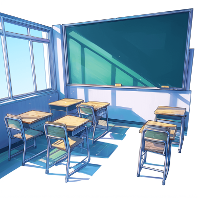 An anime illustration of an empty classroom with four desks and one blackboard in the style of [Studio Ghibli](https://goo.gl/search?artist%20Studio%20Ghibli), with flat colors, simple shapes, high contrast, no shadows, white background, low detail, and a bright blue sky outside visible through the windows, with light from the window shining on one of the desks.