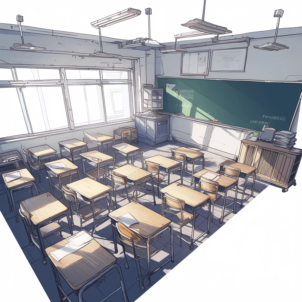 High school classroom in the style of anime, illustration, high resolution, simple lines, no background details, no shadows on the ground, no shading