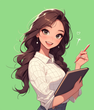 A cute girl with long brown hair in a white shirt and jeans holding a pen, smiling face, in the style of anime illustration, green background, holding a notebook.