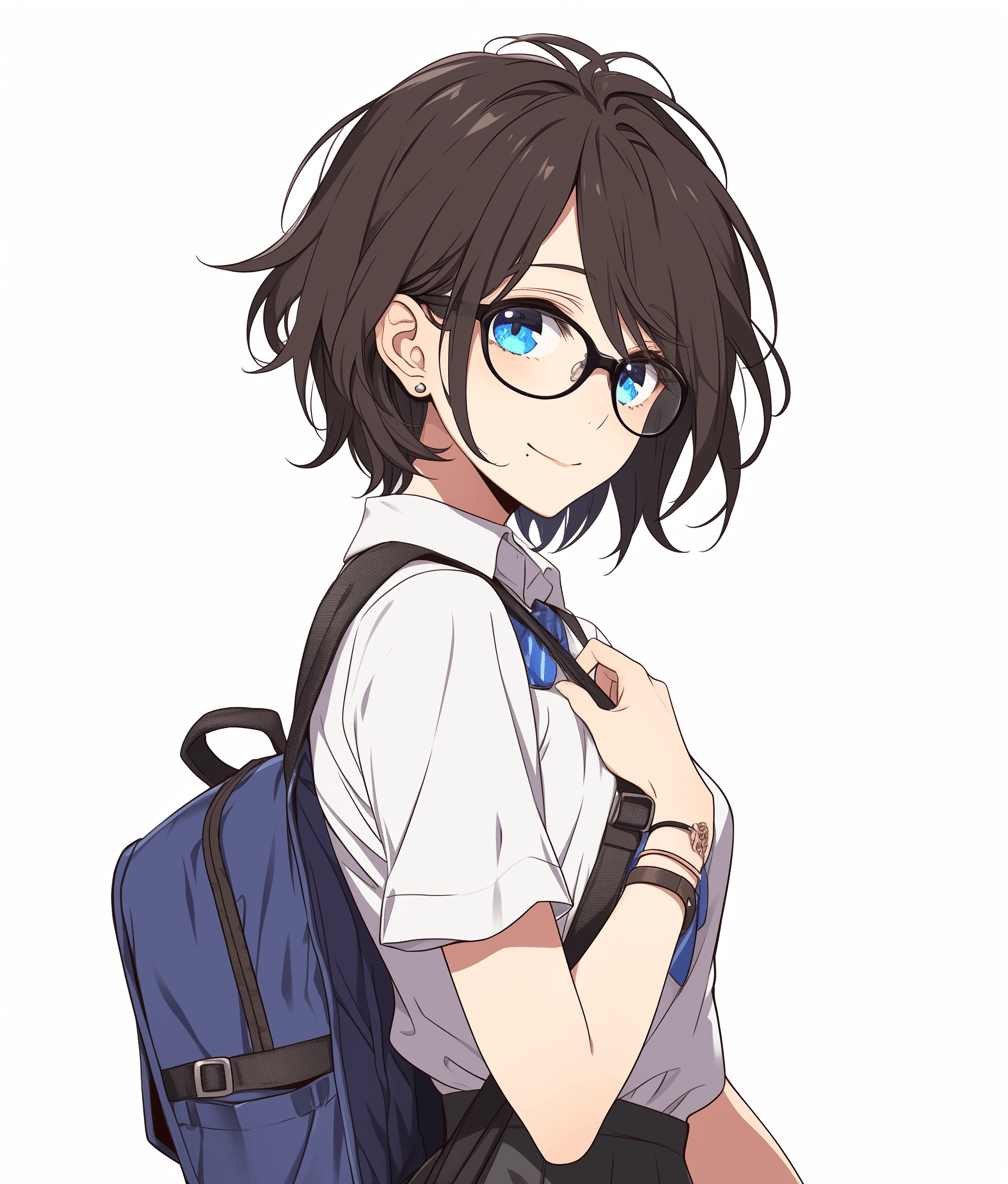 Cute girl with short hair and blue eyes, wearing glasses, a white shirt, a school bag on her back, against a simple background, in the style of anime, resembling a Japanese manga, without shadows, no text in the picture, with high resolution, high quality, and high detail.