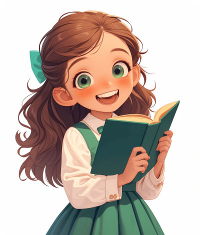 A cute smiling girl with brown hair and green eyes in a school uniform holds an open book in the style of a cartoon illustration for children's books on a white background, in high resolution.