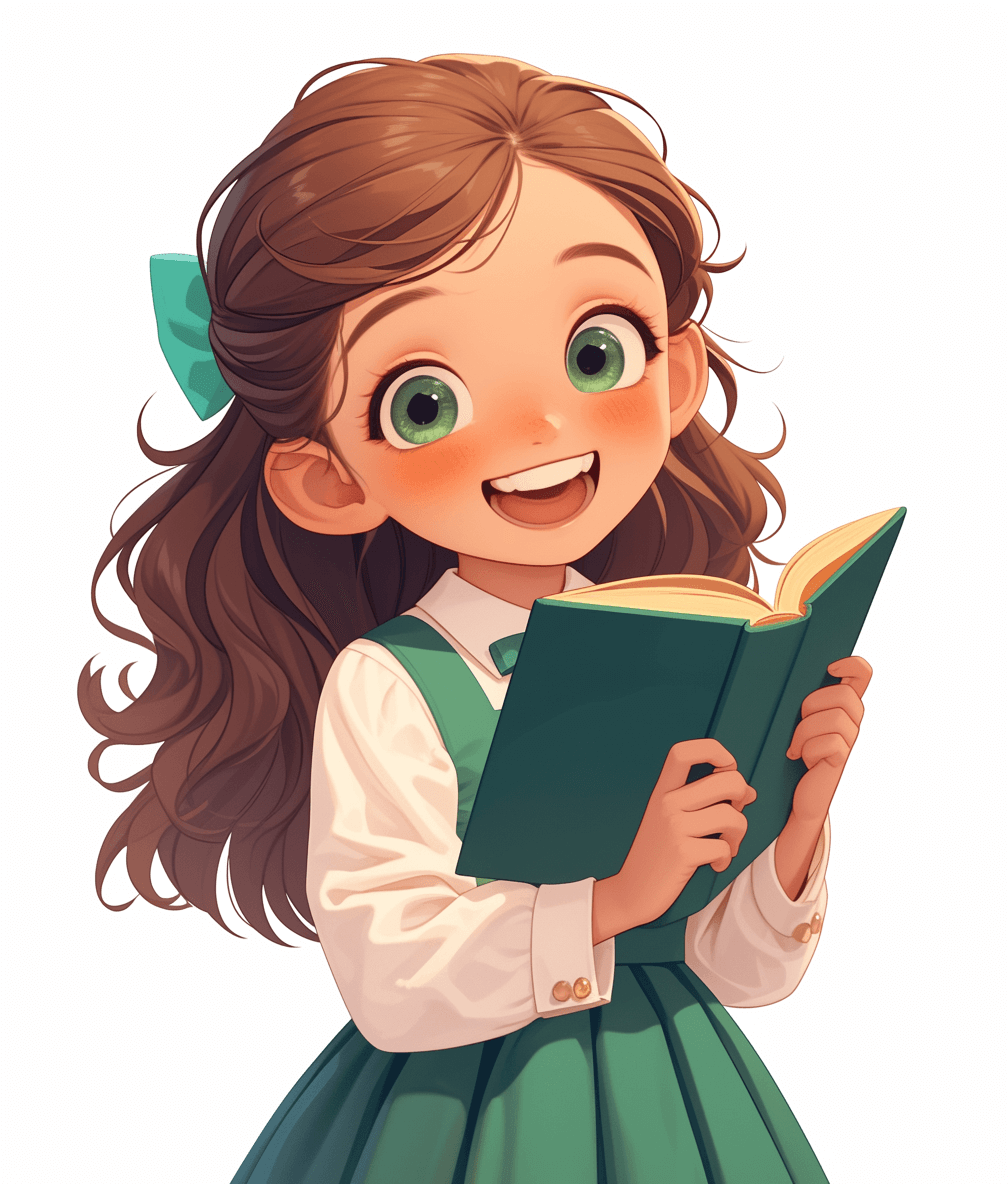 A cute smiling girl with brown hair and green eyes in a school uniform holds an open book in the style of a cartoon illustration for children’s books on a white background, in high resolution.