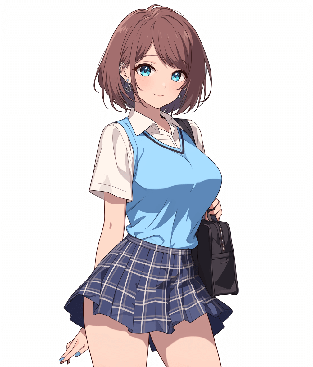 A high school girl, wearing a blue sleeveless shirt and a plaid skirt with a black handbag on her shoulder, with brown hair in a bob cut and short legs, blue eyes, in the style of anime.