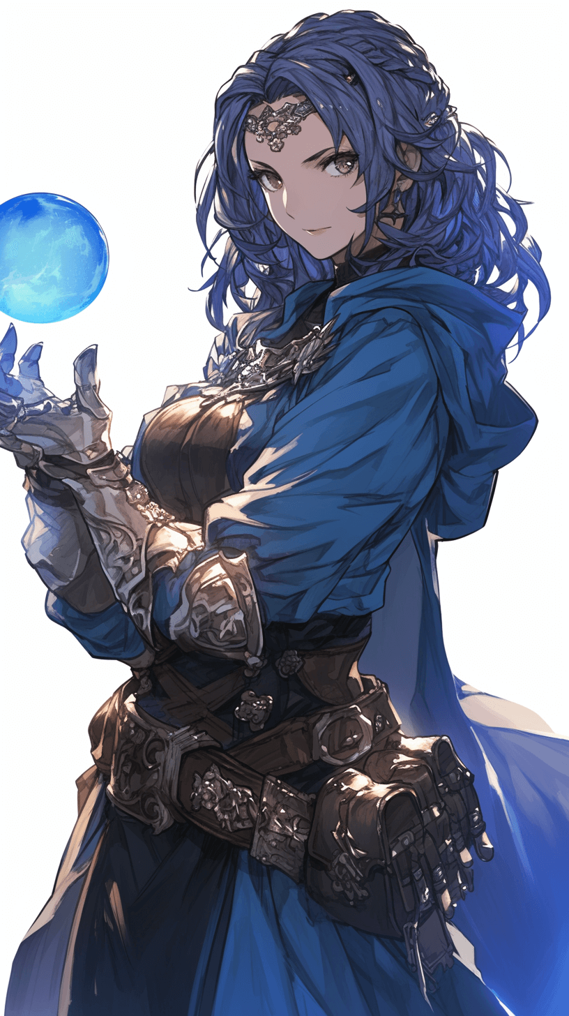 Ranaturel from Fire Emblem Three Houses, holding a blue crystal ball in hand, wearing a dark brown and navy tunic with silver armor accents, long curly hair, in an anime style, character design, character art, fantasy concept art, art in the style of [Akihiko Yoshida](https://goo.gl/search?artist%20Akihiko%20Yoshida) and Liang Xing and [Studio Ghibli](https://goo.gl/search?artist%20Studio%20Ghibli), official splashart portrait