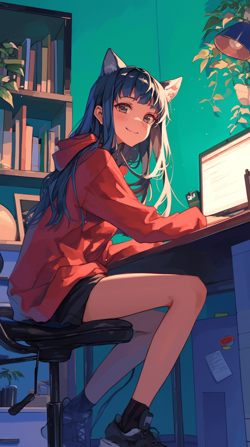 lofi anime art style, an attractive girl with cat ears and long hair sitting at her desk in front of the computer, wearing black shorts and a red hoodie, full body portrait against a colorful background with a green wall and blue lighting. A high quality, high resolution, ultra detailed piece with high details, in the style of a masterpiece with the best quality, best render, best color grading, best composition, best aesthetics, best shadows, best lighting, best depth of field, best colors, best shadows, and best highlights.